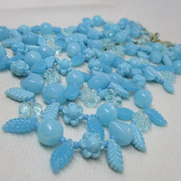 SIGNED W GERMANY NECKLACE Triple Strand Blue Flower Necklace Fruit Salad Beaded - Picture 7 of 12